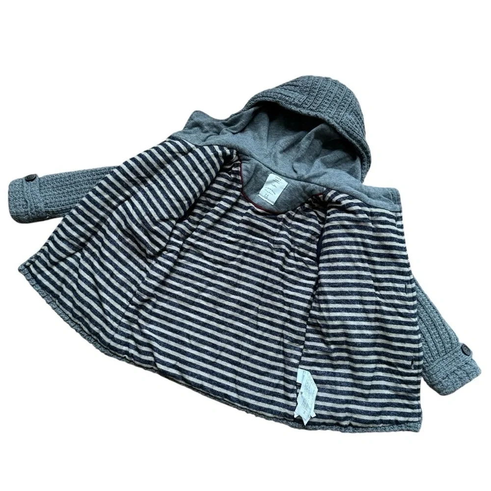 Zara Gray Chunky Knit Jacket Hooded Cardigan Sweater Button Up Boy Size 5-6